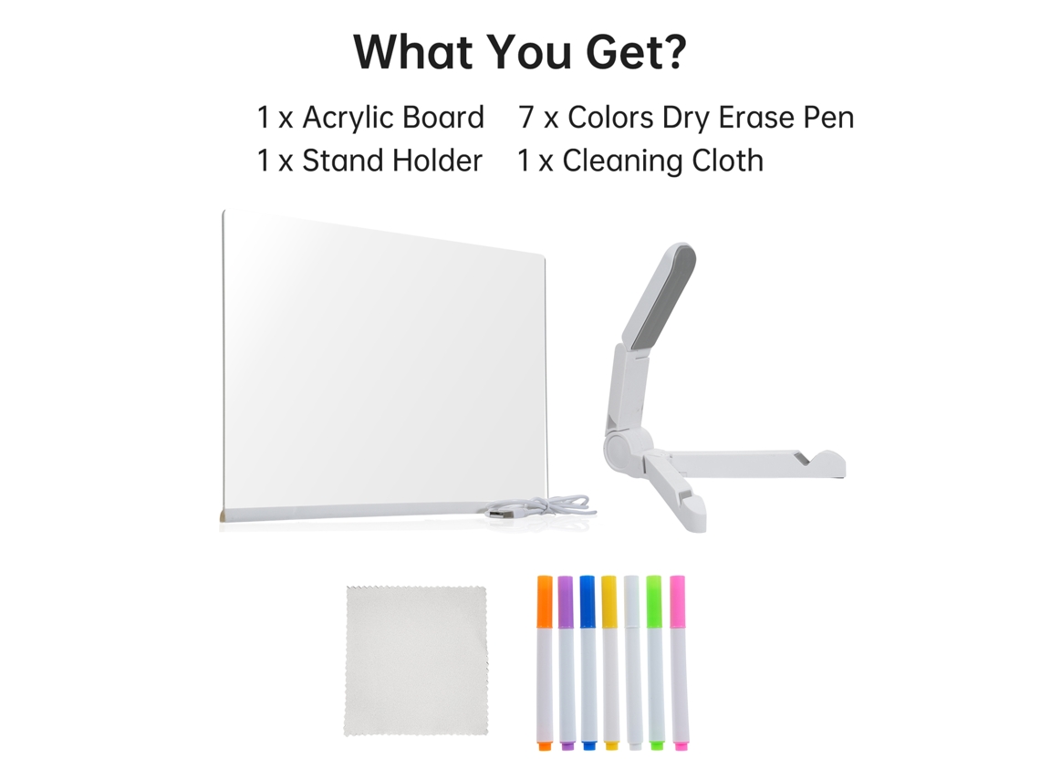 Quadro de Escrita Acrílico Iluminado LED 30x20cm com 7 Canetas Secas Reutilizável para Mesa Escritório Casa Escola