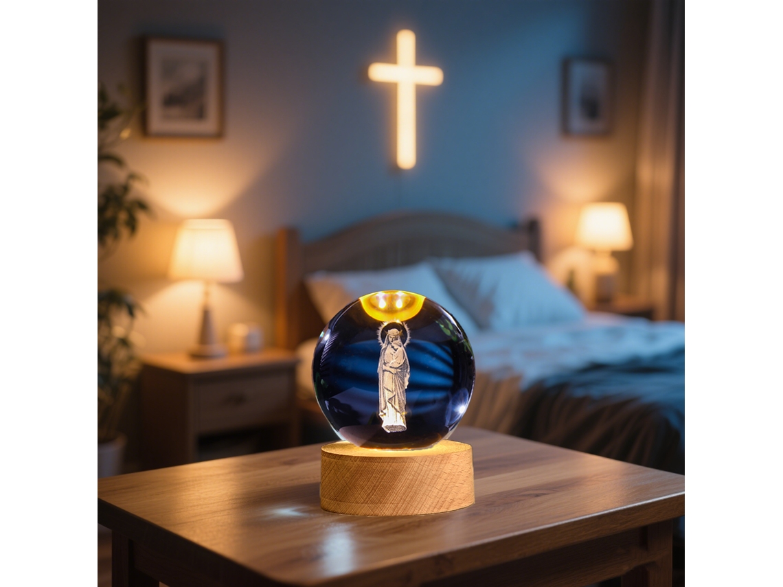 Lâmpada De Cristal 3d Com Imagem Religiosa, Base De Madeira, Ideal Para Decoração E Presentes
