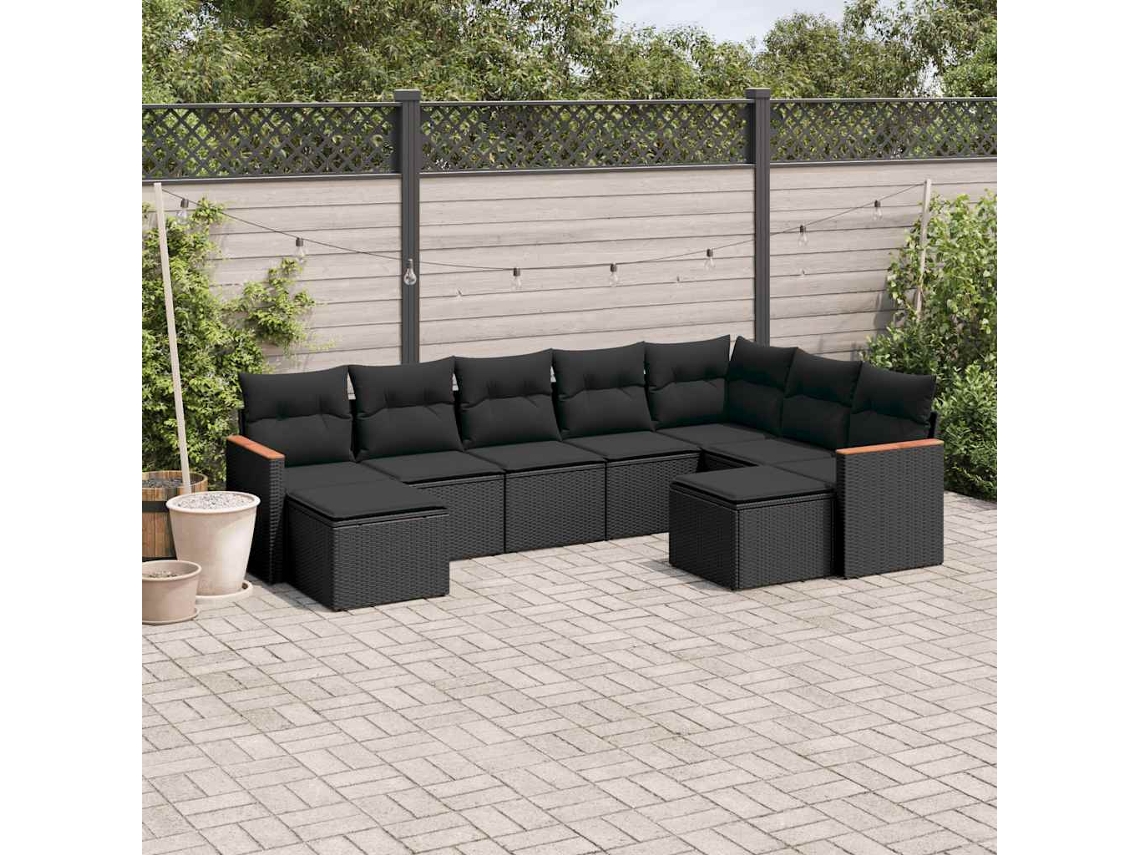 Vidaxl 9 Pcs Conjunto De Sofás P/ Jardim C/ Almofadões Vime Pe Preto