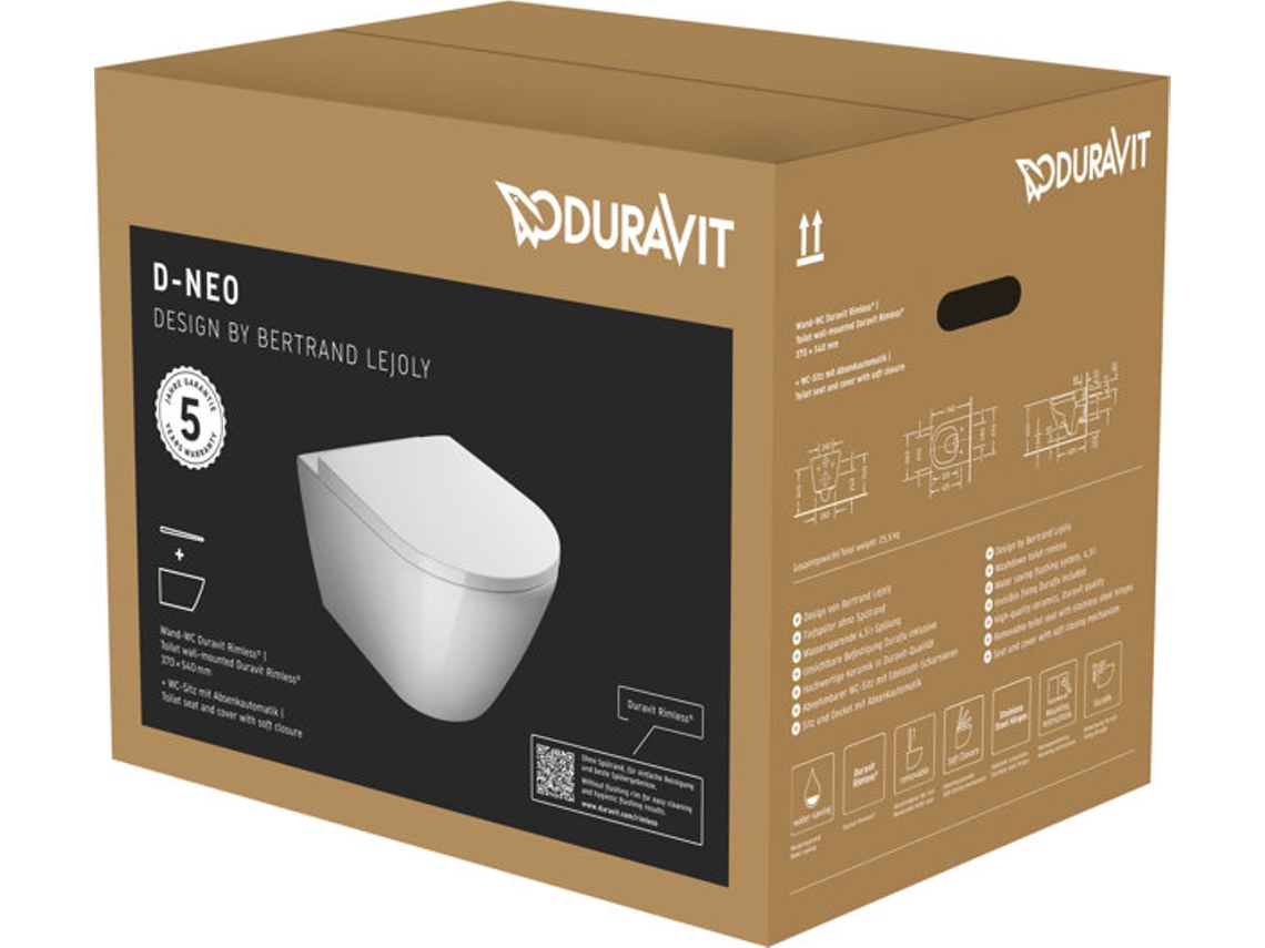 Conjunto de vaso sanitário de parede DURAVIT D-Neo vaso sanitário baixo sem aro Durafix e assento de vaso sanitário com mecanismo de fechamento 45770