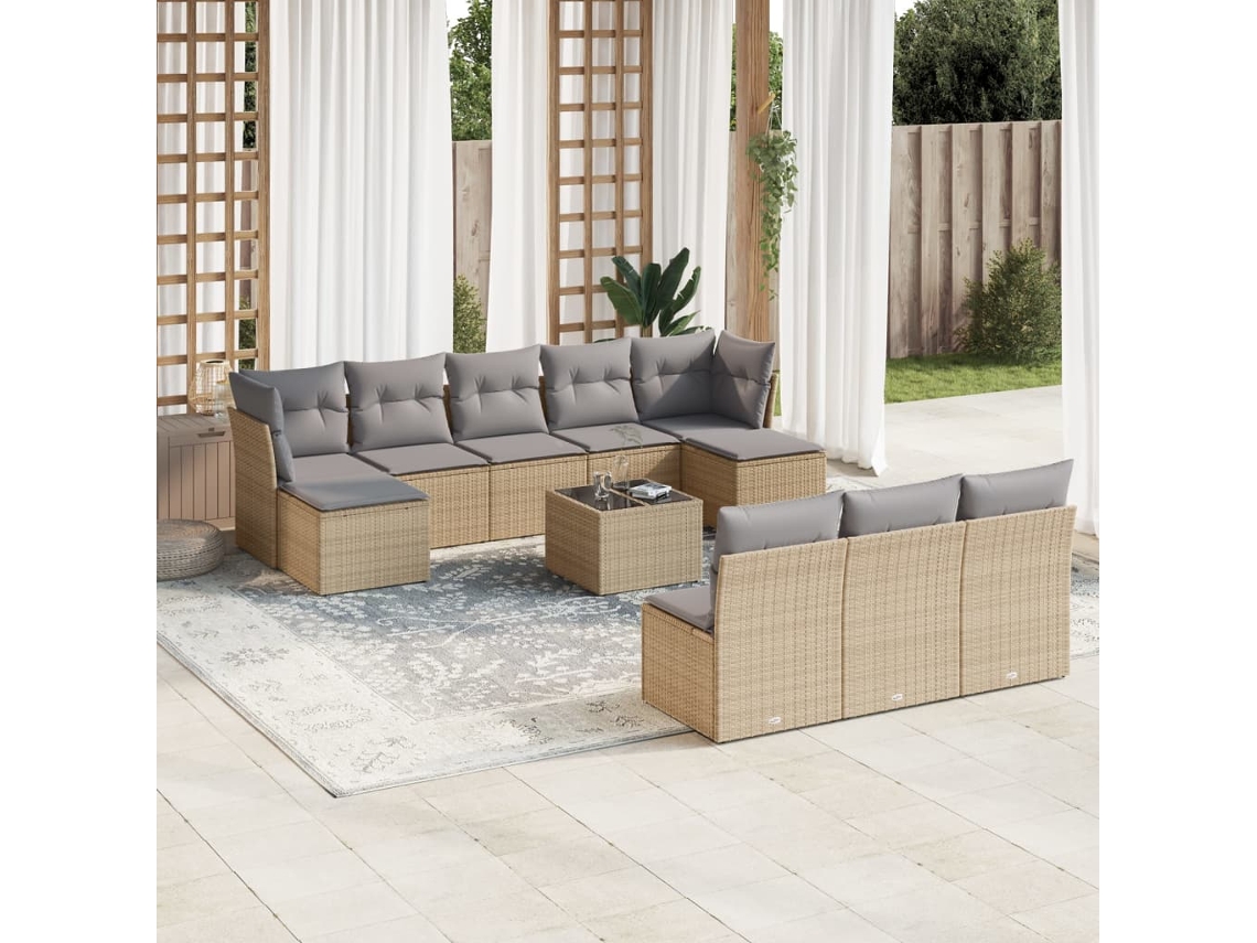Vidaxl 11 Pcs Conjunto Sofás De Jardim C/ Almofadões Vime Pe Bege