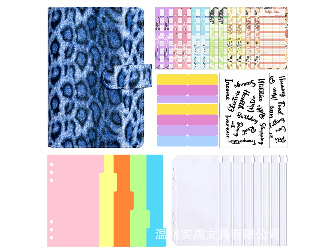 A6 Leopard Macaron Cash Budget Savings Finance Notebook Blue Cover With 8-zipper Pockets, 12-cash Budget Cards