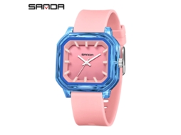 Relógio de Quartzo MDUG quadrado, simples, com marcadores 3d, à prova d'água, feminino rosa e azul transparente