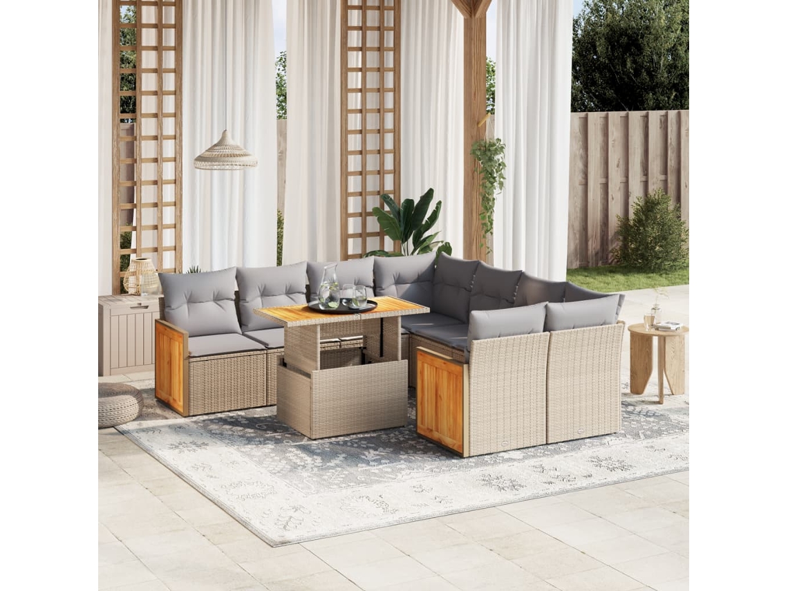 Vidaxl 9 Pcs Conjunto De Sofás P/ Jardim Com Almofadões Vime Pe Bege