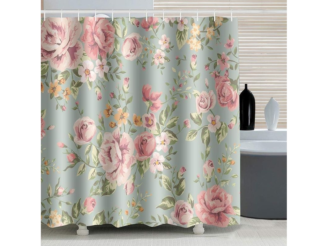 2026 cortina de Ducha Linjou de Rosas Rosadas 180x180cm Impermeável Antimofo com 12 Ganchos Verdes