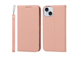 Capa Em Couro Genuíno Textura De Lichia, Anti-riscos Com Suporte Para Apple Iphone 15 - Rosa