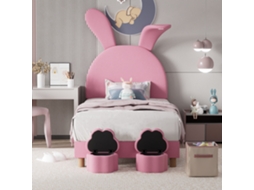Cama Estofada 90x200cm, 2 Bancos Armazenamento, Led Cabeceira, Orelhas Coelho, Sem Colchão, Juvenil, Ripas, Veludo Francês Rosa-op