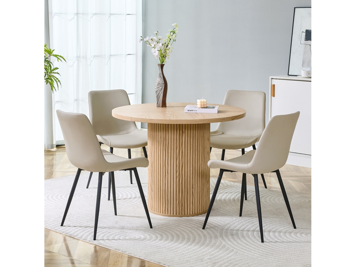 Conjunto Mesa Redonda Mdf 100cm Madeira Clara + 4 Cadeiras Pu Cinza, Assento Alargado. Minimalista. Ge