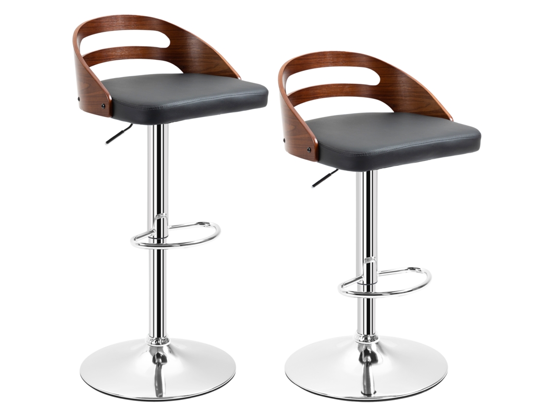 Conjunto com 2 Banquetas de Bar Pretas, Assento Ajustável e Giratório 360°, Estofamento Sintético, Encosto Vazado e Detalhe em Madeira. PONTOCASA