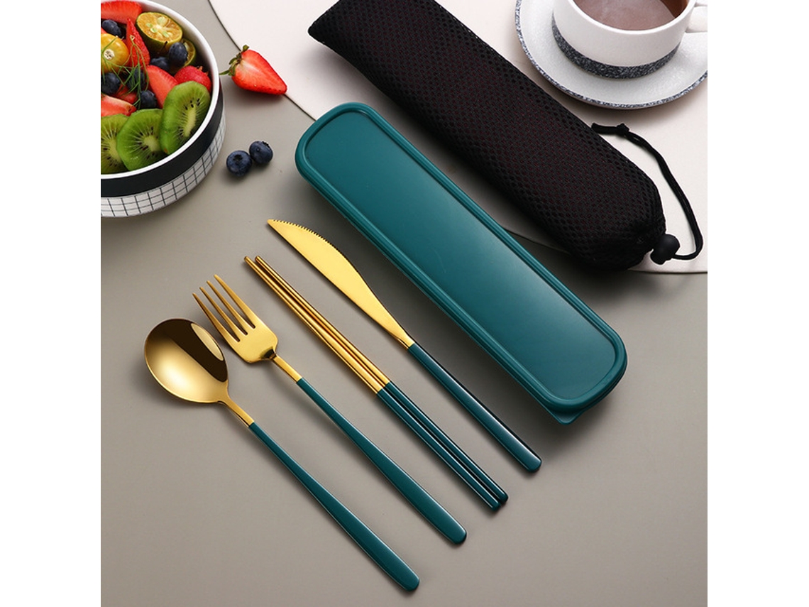 Conjunto de Talheres Portátil em Aço Inoxidável 304 , Incluindo Faca, Garfo, Colher e Estojo para Armazenamento. MDUG (verde Dourado)