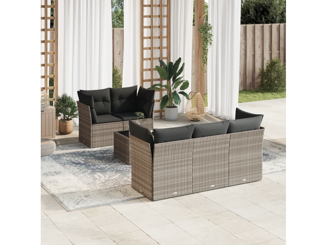 Vidaxl 6 Pcs Conj. Sofás Jardim Com Almofadões Vime Pe Cinzento-claro