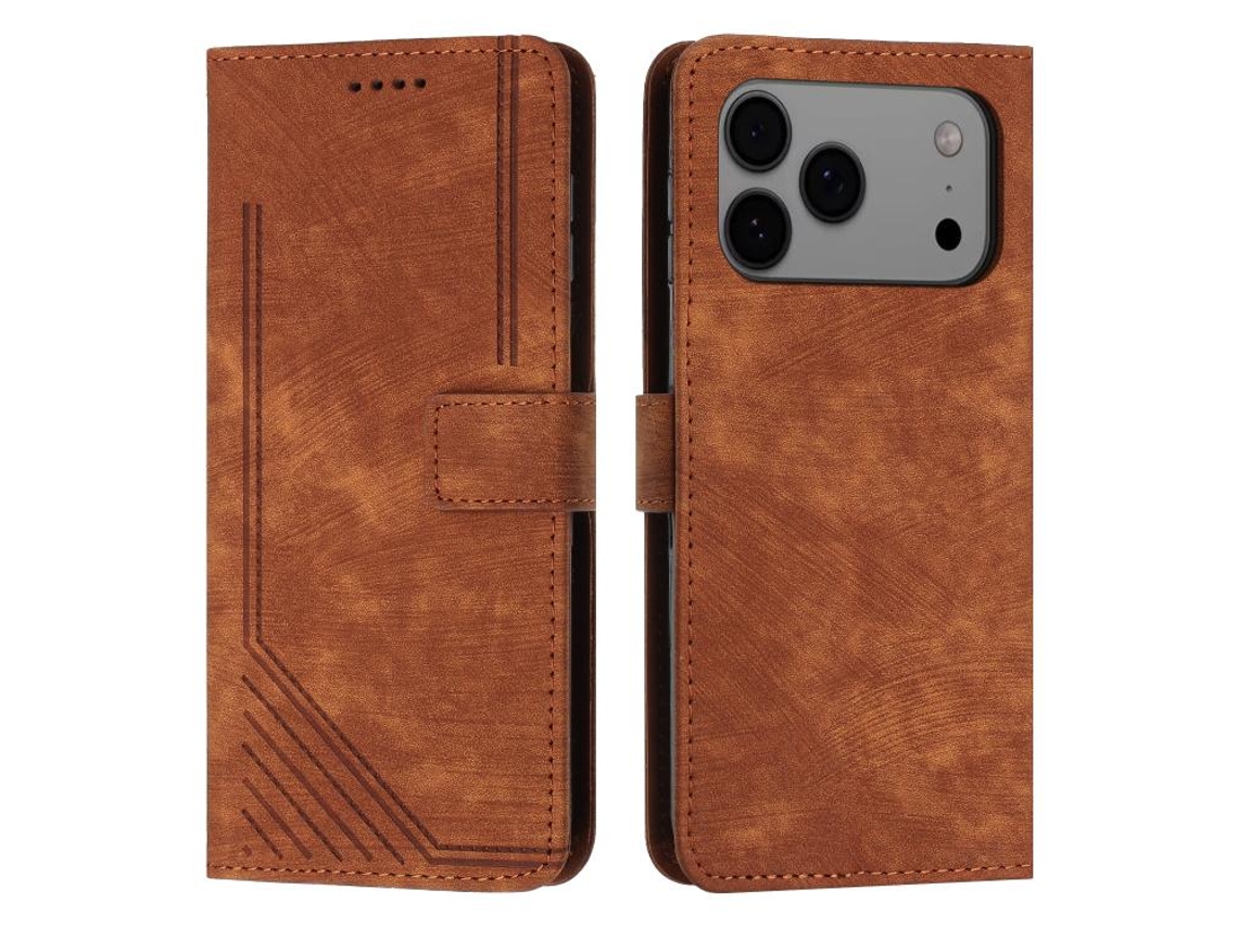 Capa De Couro Para Iphone 17 Pro Com Padrão Listrado E Cordão.