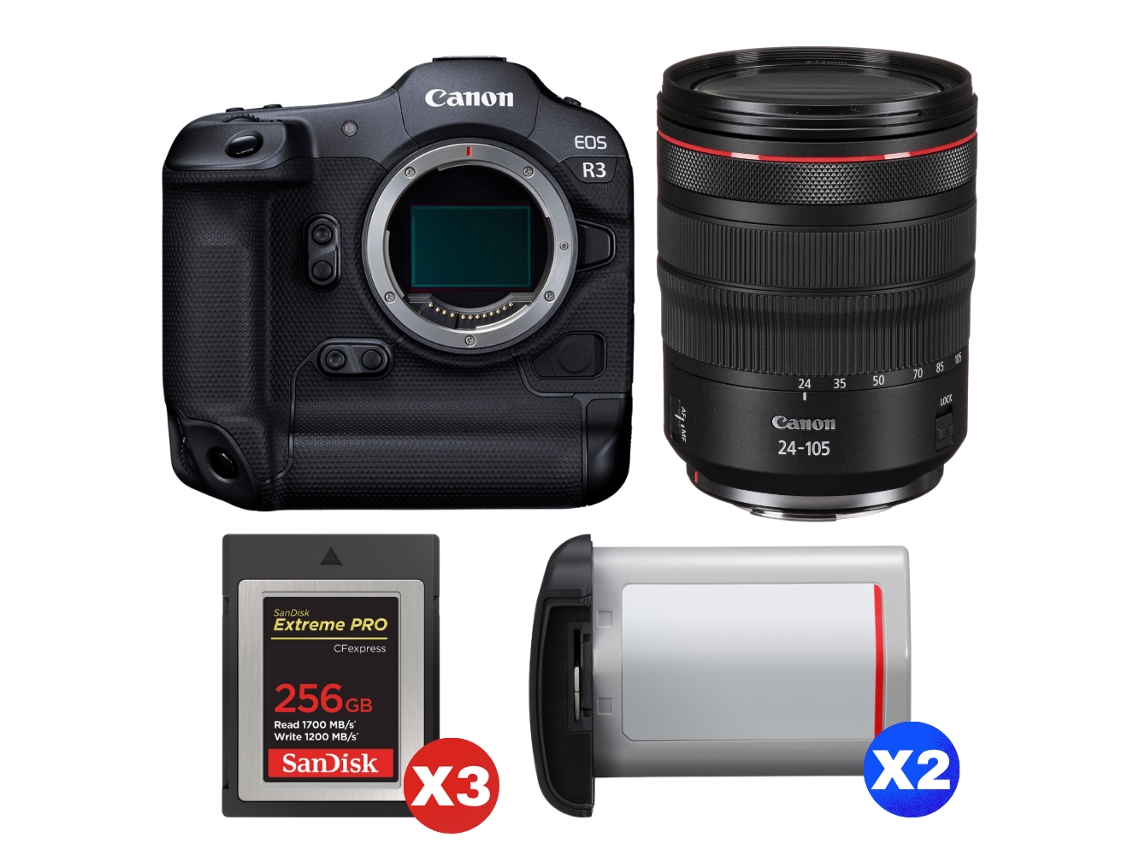 Eos R3 + Rf 24 105mm F/4 L Is Usm + 3 Sandisk 256gb Extreme Pro Cfexpress Type B + 2 Canon Lp e19 + Ebook “20 Dicas para Fotos Que Impressionam” CANON