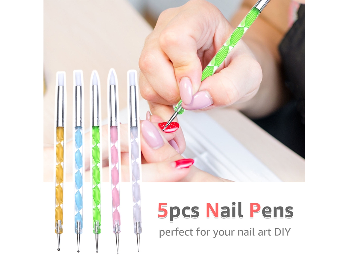 Kit 5 Pincéis De Unhas De Silicone Com Pontas Duplas Para Efeito 3d E Desenho De Pontilhados