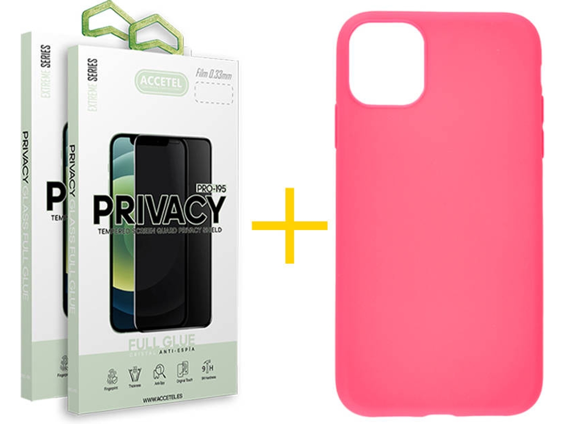 Kit Capa + Película 2X Anti-Spy iPhone 11 Accetel Silicone Rosa