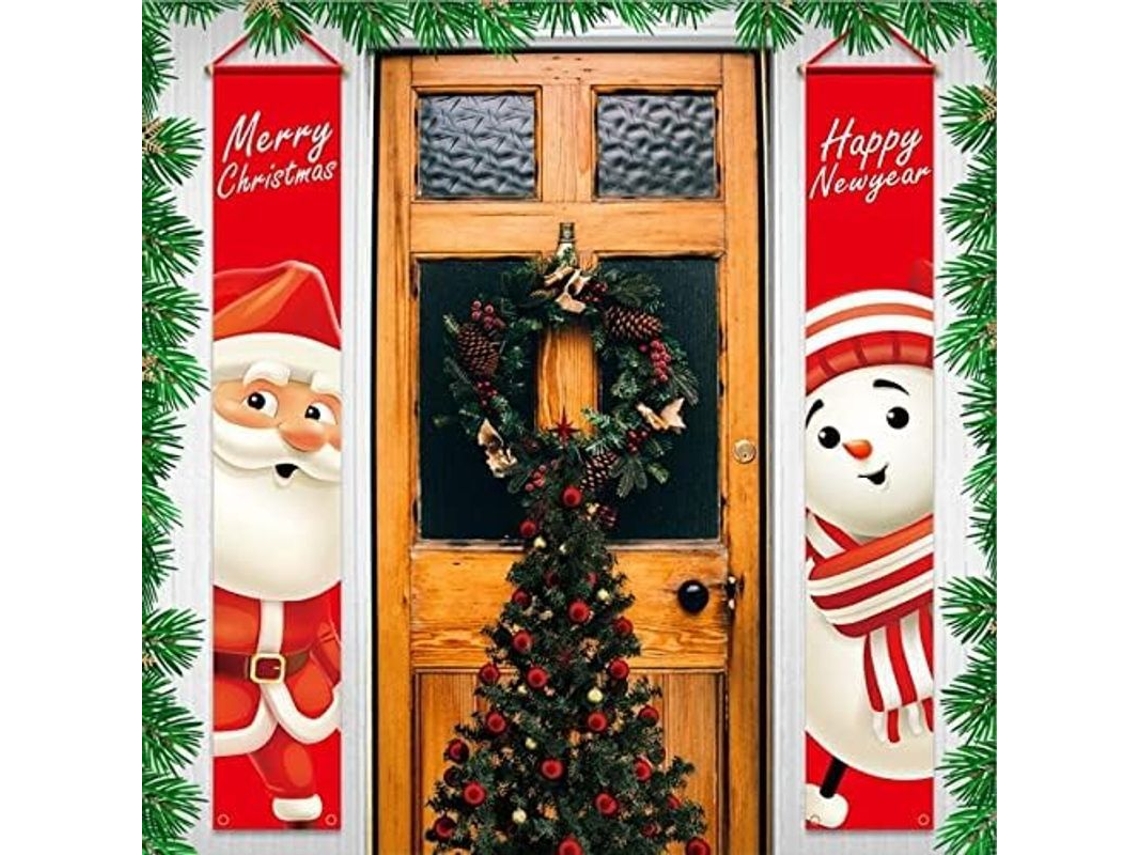 Banner de Natal com Papai Noel e Boneco de Neve 180x30cm Nova Line