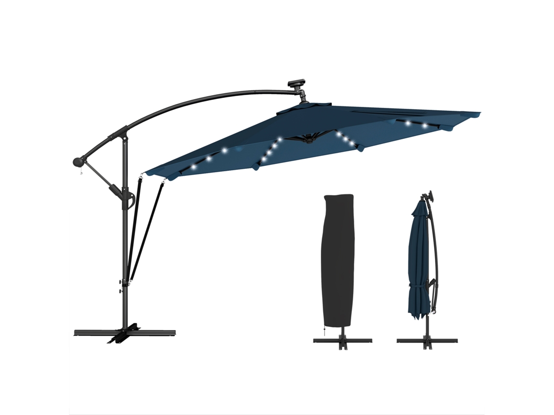 Chapéu de Sol Excêntrico com Luzes LED Solares 345cm, Base Cruzada, Manivela, Capa Azul