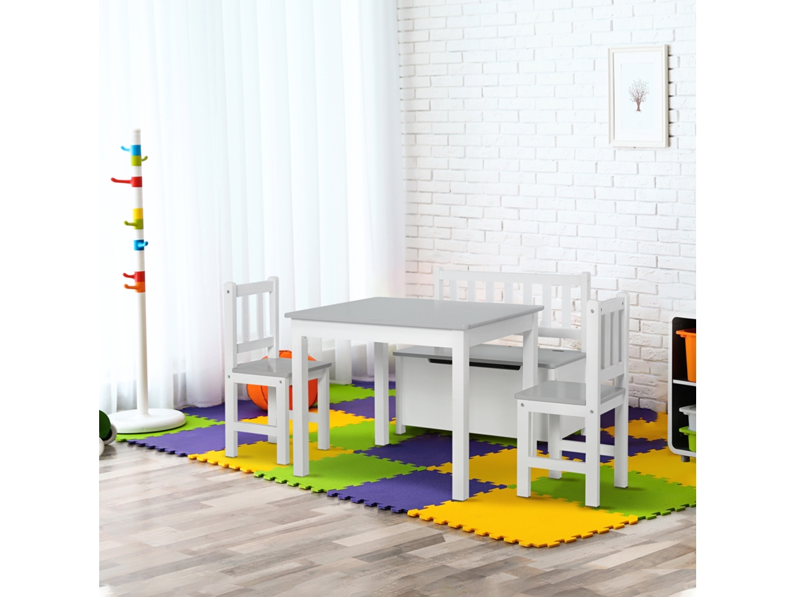 Mesa Infantil Com 2 Cadeiras E Baú De Madeira Para Quarto, Branco E Cinza