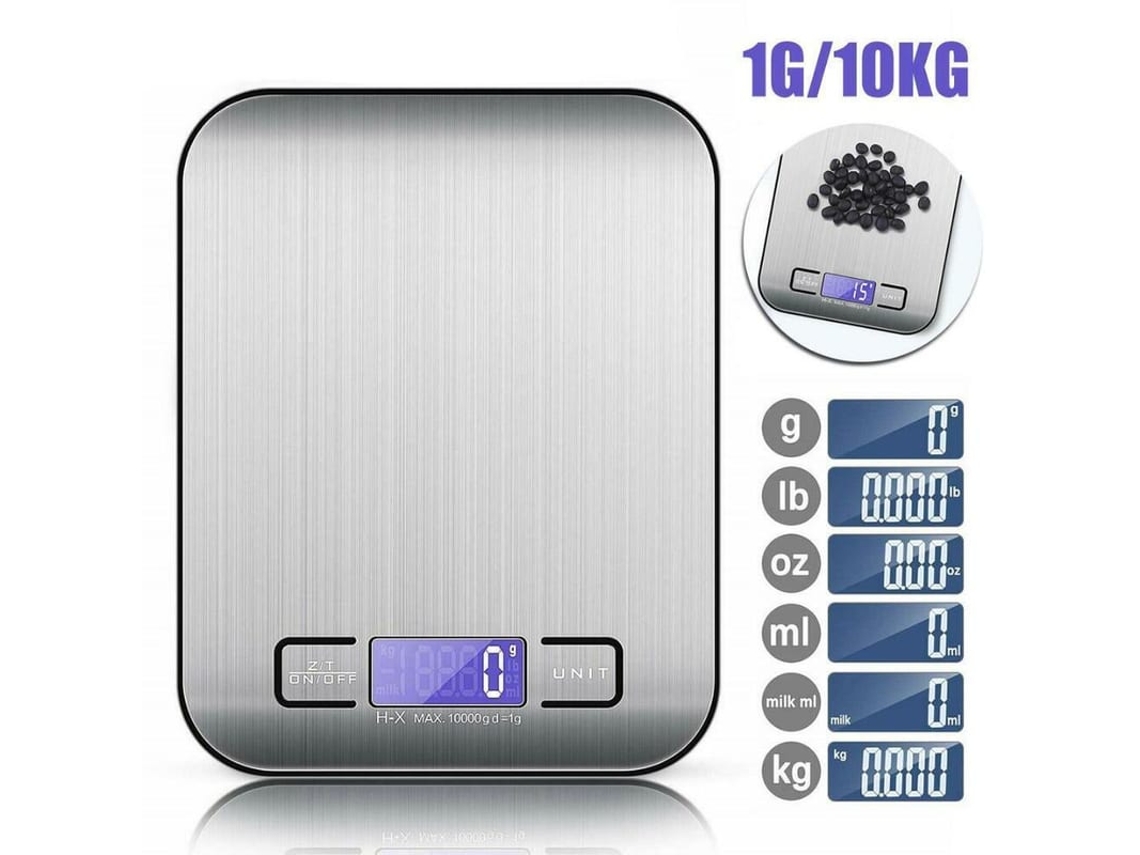 Balança de cozinha digital 2026, 5 kg, LCD, aço inoxidável, prata, com pilhas AAA incluídas.