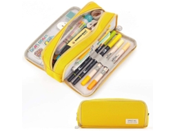 2026 estuche de Lápices Linjou de Gran Capacidad Con 3 Compartimentos Bolsa de Lápices Amarillo