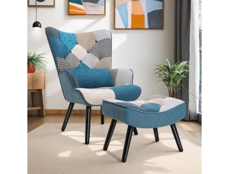 Poltrona Orelha De Relaxamento Homemiyn76x65x94 Cm Tecido Patchwork Azul (com Banco)