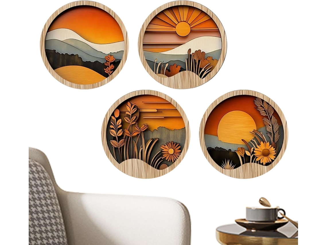 Decoração De Parede Boêmia Para Sala De Estar, 4 Molduras Redondas De Madeira, Arte Geométrica Rústi Gokoco