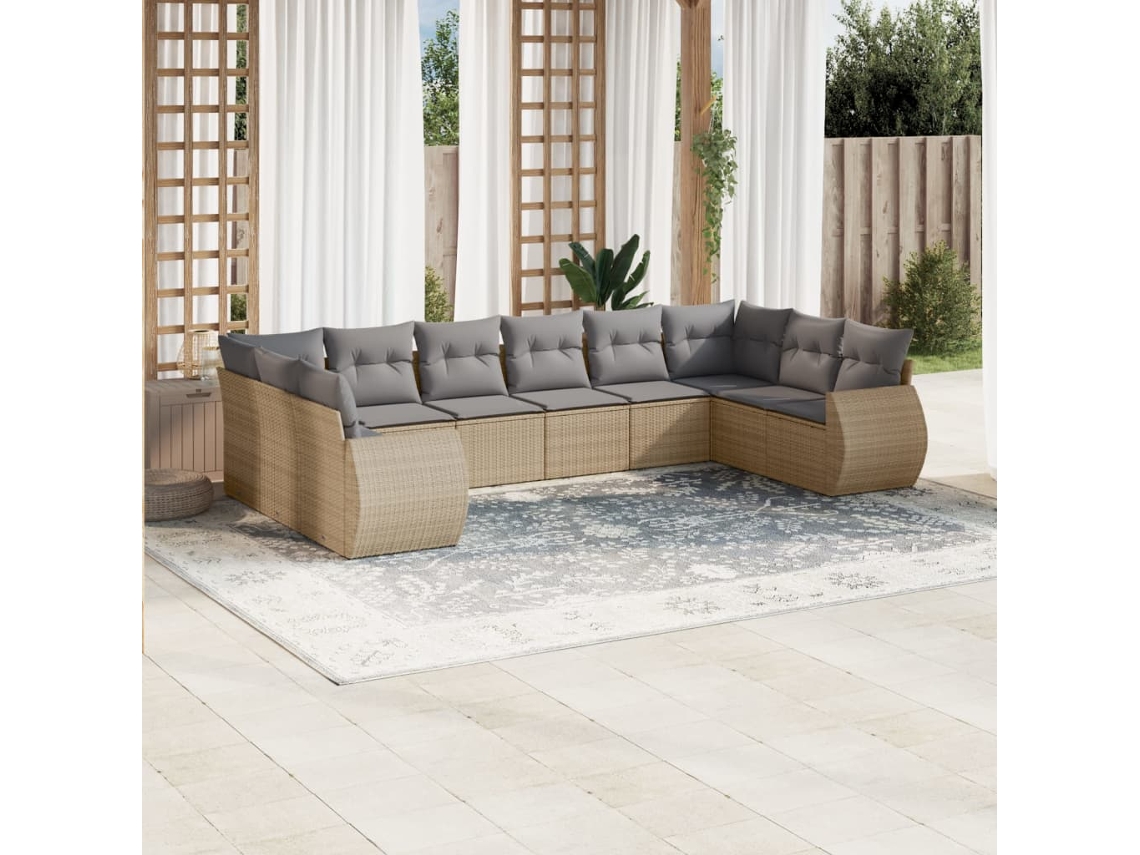 Vidaxl 10 Pcs Conjunto De Sofás P/ Jardim Com Almofadões Vime Pe Bege