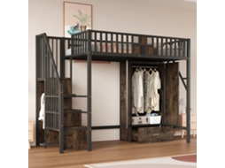 Cama Alta 90x200 Metal Preto Madeira Guarda-roupa Gavetas Escada