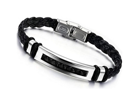 Joias Pulseira Masculina Cordão de Couro de Aço Inoxidável - 20 cm de Comprimento - 10 mm de Largura