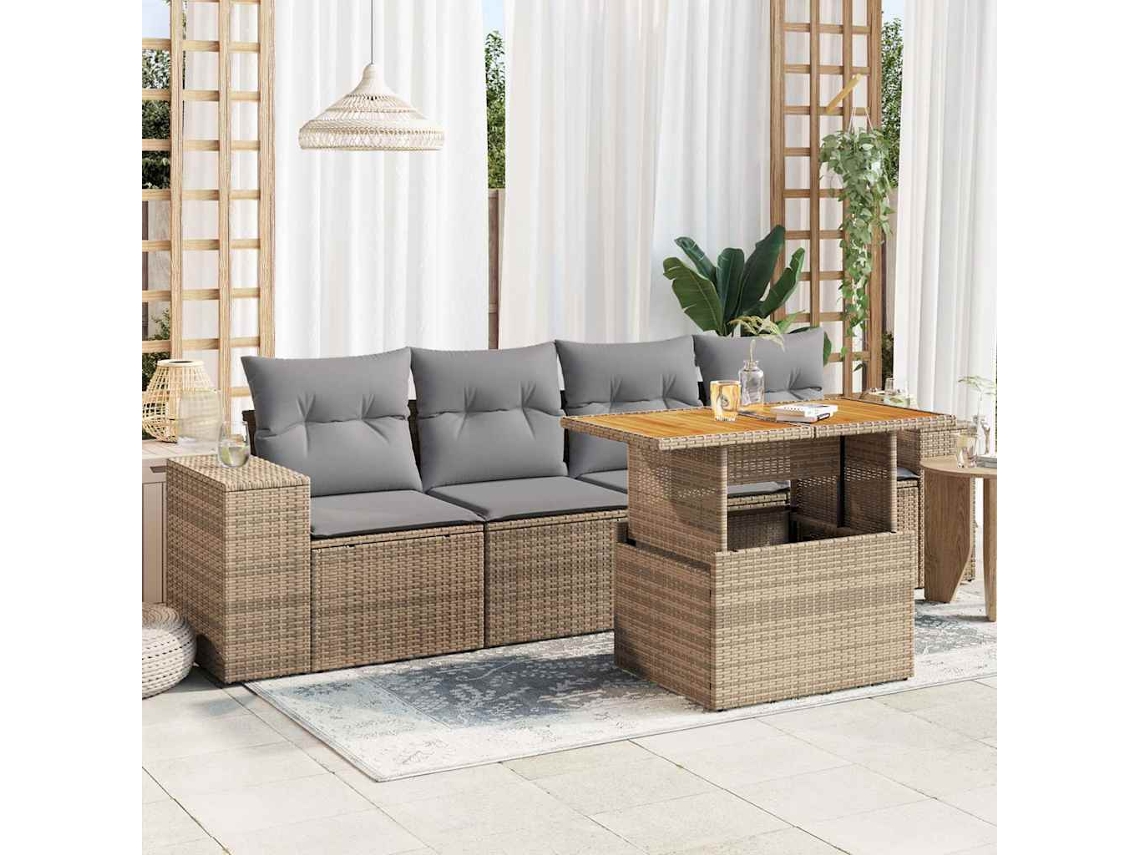 Vidaxl 5 Pcs Conjunto de Sofás P/ Jardim com Almofadões Vime Pe Bege