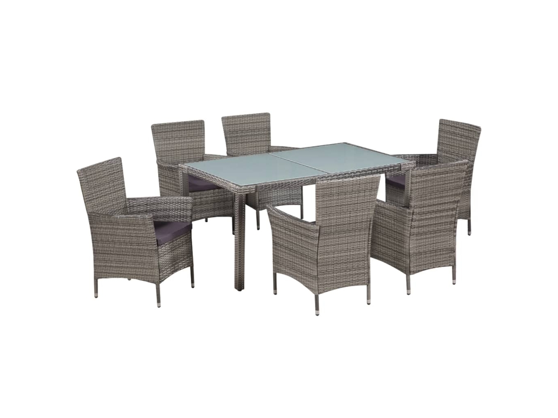 Vidaxl 7 Pcs Conjunto Jantar Exterior Com Almofadões Vime Pe Cinzento