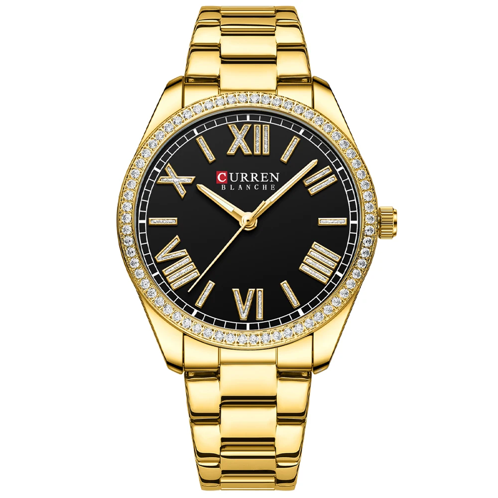 Relógio De Pulso Feminino (dourado E Preto), Mostrador Cravejado De Diamantes, Ponteiros Luminosos Elegantes, Caixa Em Aço Inoxidável.