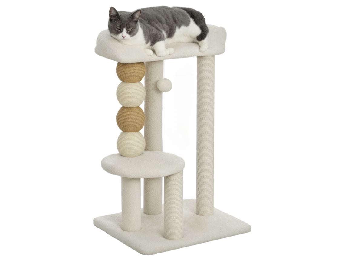 Arranhador para Gatos Arranhador para Gatos com Estofado de Cordeiro Plataformas Bola Suspensa e Poste de Juta 48,5x40x76 Cm Bege ESSÊNCIACASA