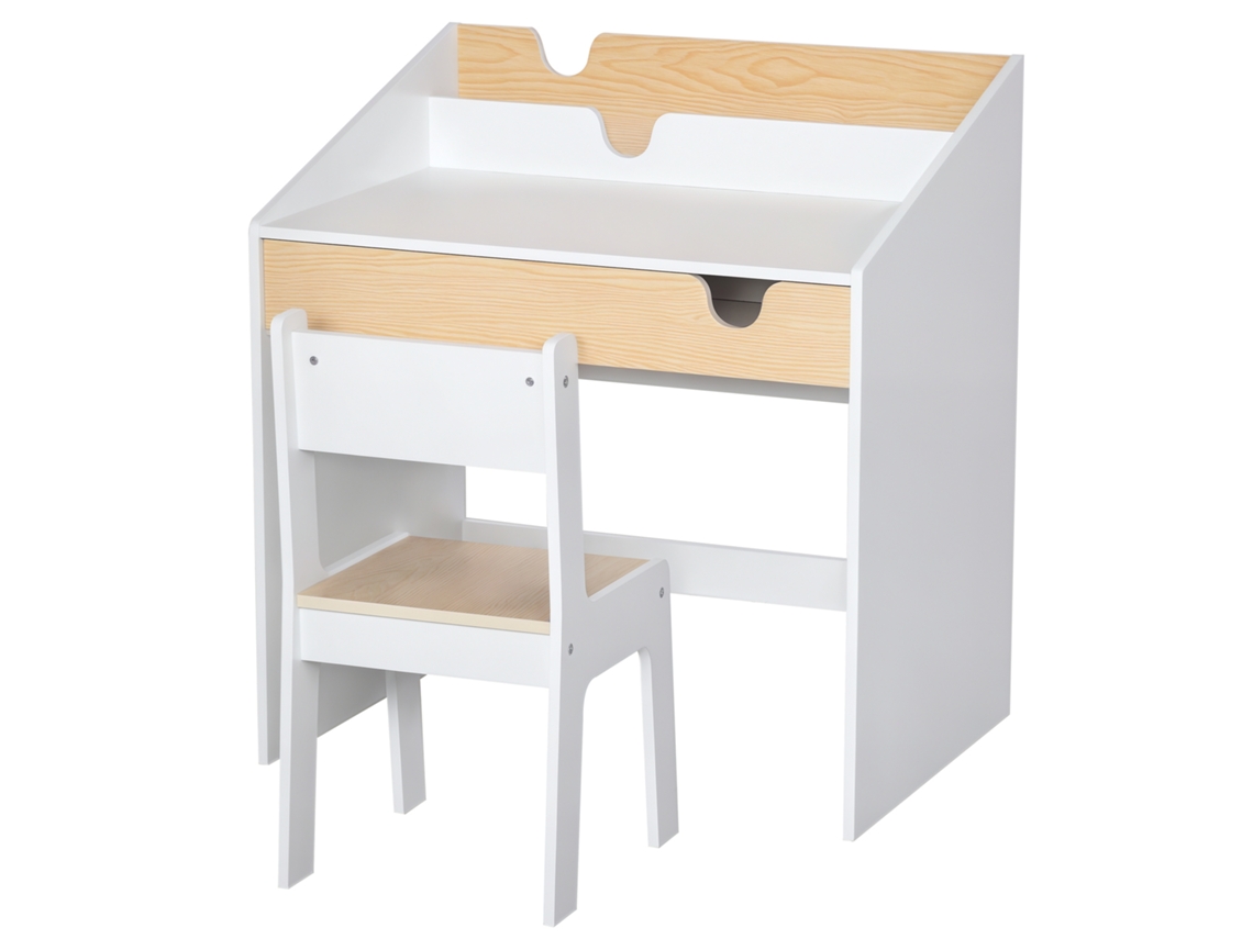 Mesa infantil com cadeira BTFORUS para 3-6 anos, com gaveta e estante, em branco e natural