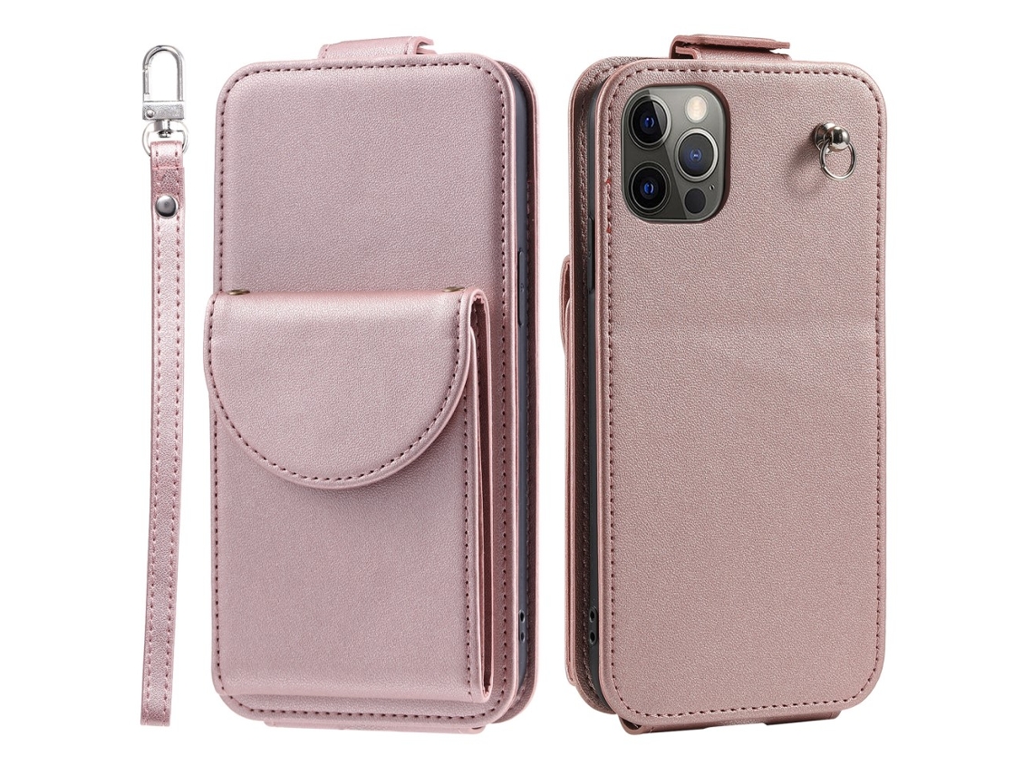 Capa Pega Para Iphone 12 Pele Sintética Com Porta-cartões Rosa