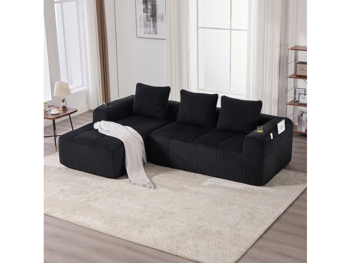 Sofá Modular Compacto Em Veludo Cotelê, Com Bolso Lateral E Porta-copos, Preto.