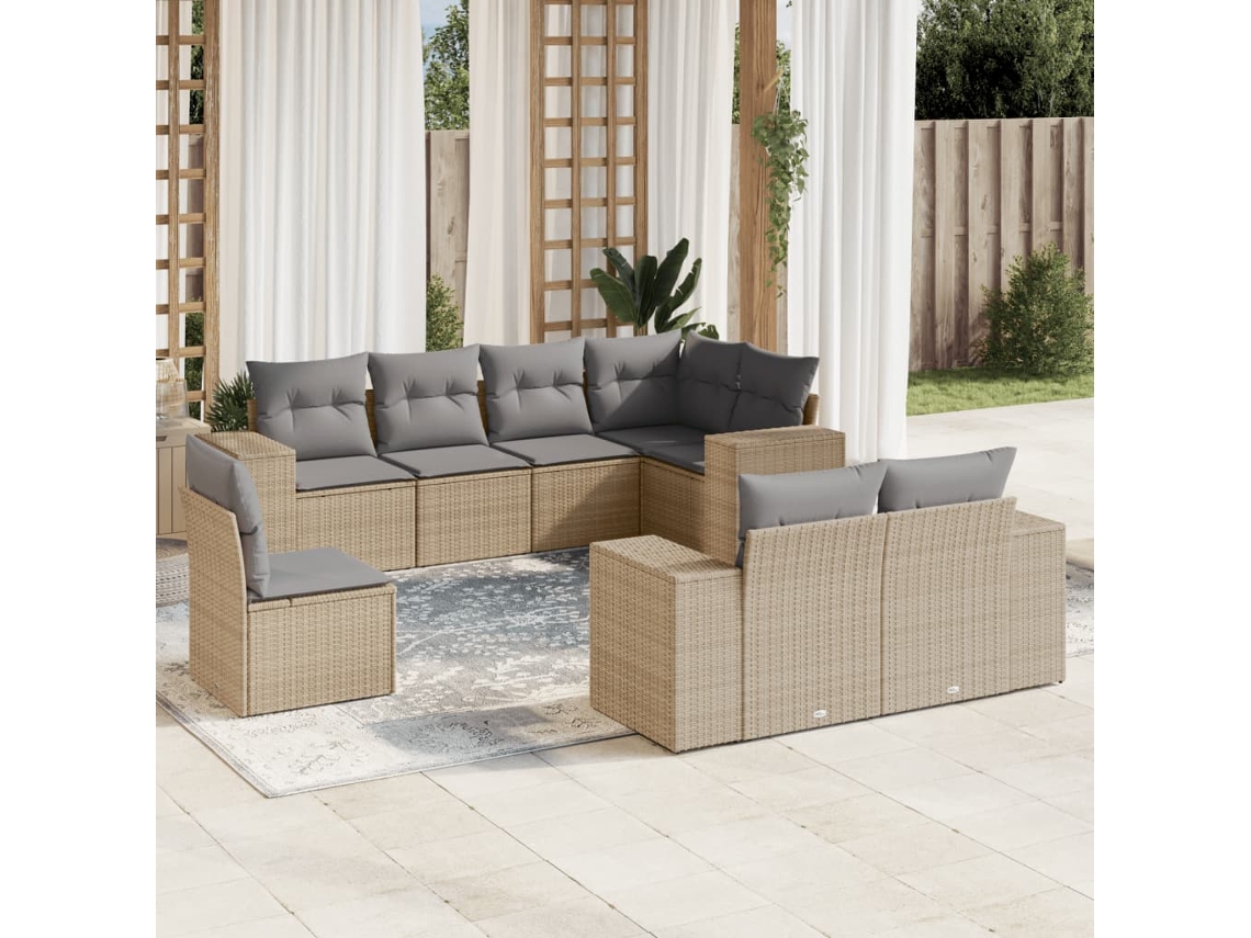 Vidaxl 8 Pcs Conjunto De Sofás P/ Jardim Com Almofadões Vime Pe Bege