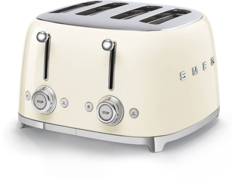 Torradeira SMEG Anni 50 TSF03CREU Beige (2000 W) — Torradeira de 4 fendas 2000W com 6 níveis de tostagem. Entradas extra largas e 2 gavetas de migalhas. 2 botões com comandos independentes. com funções para aquecer. descongelar e bagel (tostar apenas uma face)