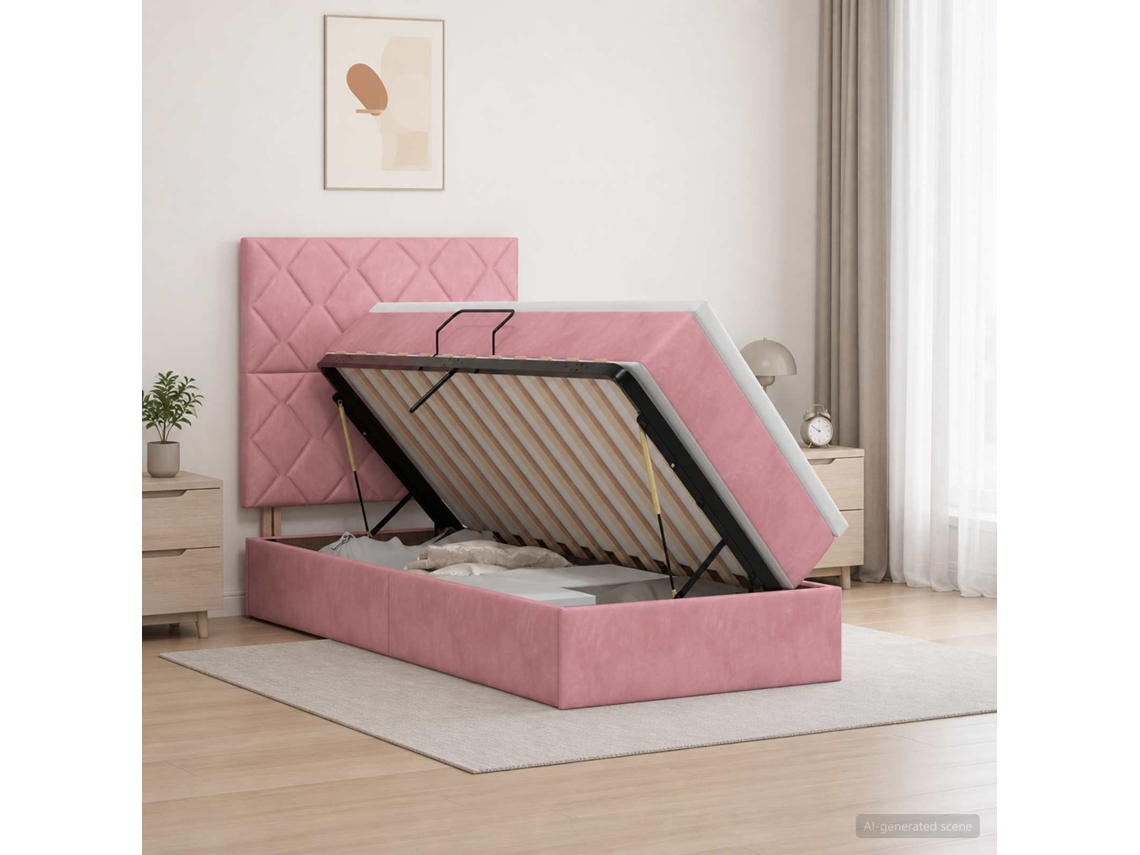 Vidaxl Cama De Armazenamento Led Com Colchão Rosa 90 X 190 Cm Veludo