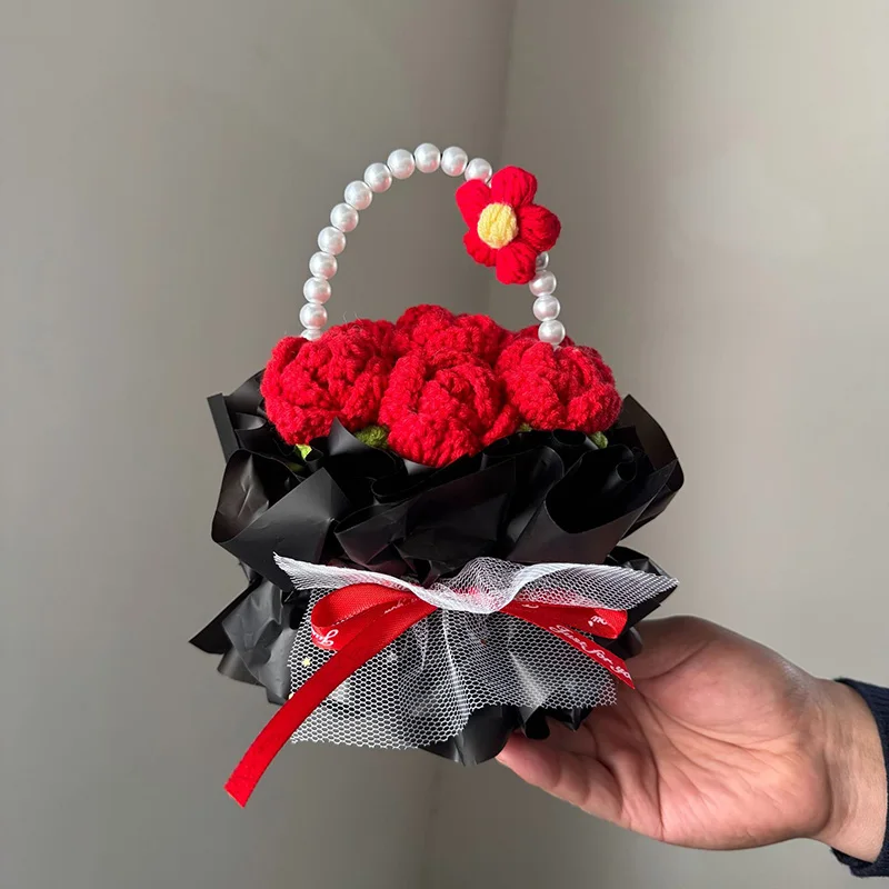 Cesta de Flores de Crochê para Decoração, Buquê Artificial Tricotado, Presente para o Dia Dos Namorados MDUG