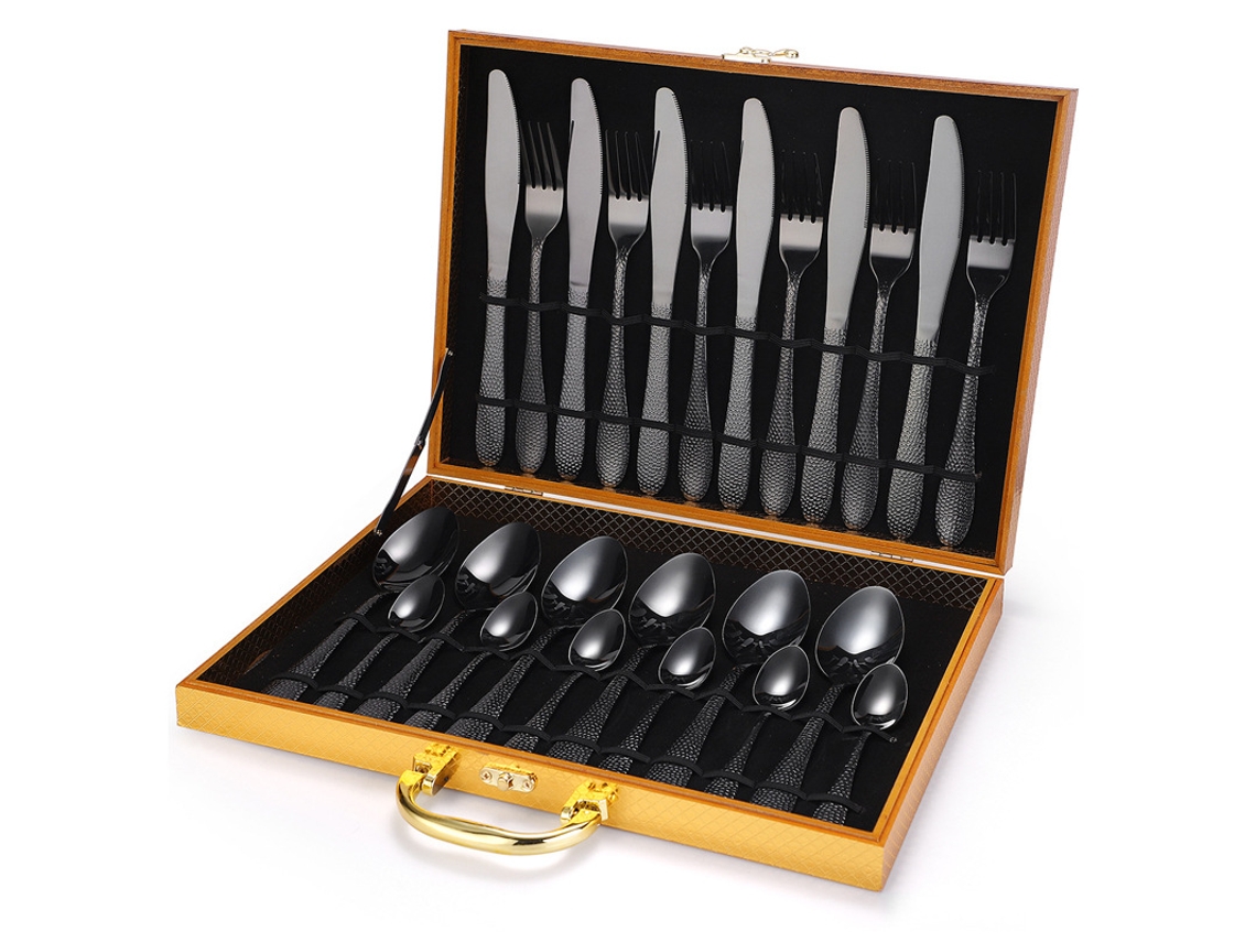 Conjunto De Talheres De Aço Inoxidável (faca, Garfo, Colher, Colher De Chá) Com 24 Peças - Preto