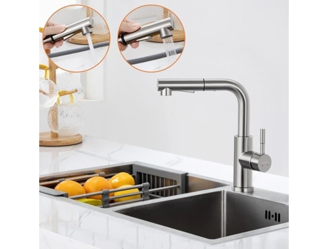 Torneira de Cozinha LONHEO em Formato de 7 com Spray Removível de 2 Funções Misturador de Cozinha Giratório de Aço Inoxidável Escovado 360