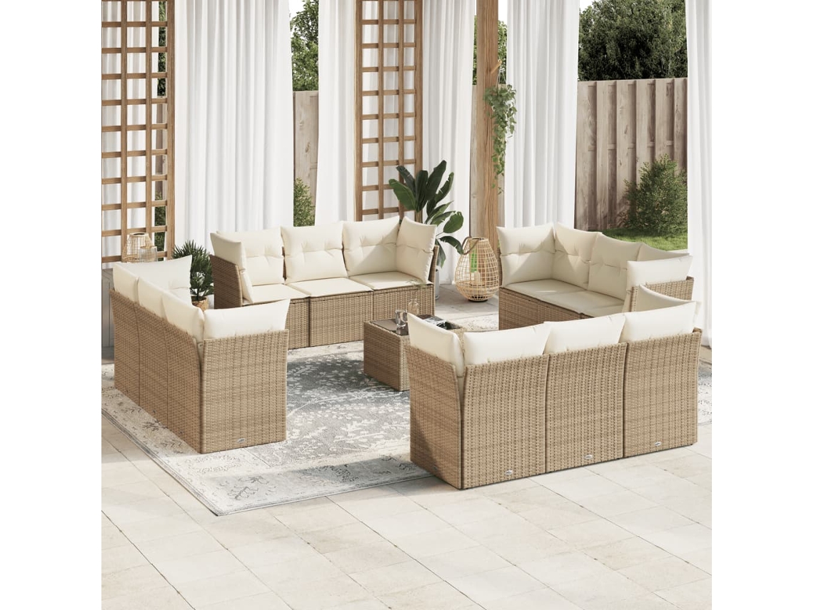Vidaxl 13 Pcs Conjunto De Sofás P/ Jardim Com Almofadões Vime Pe Bege