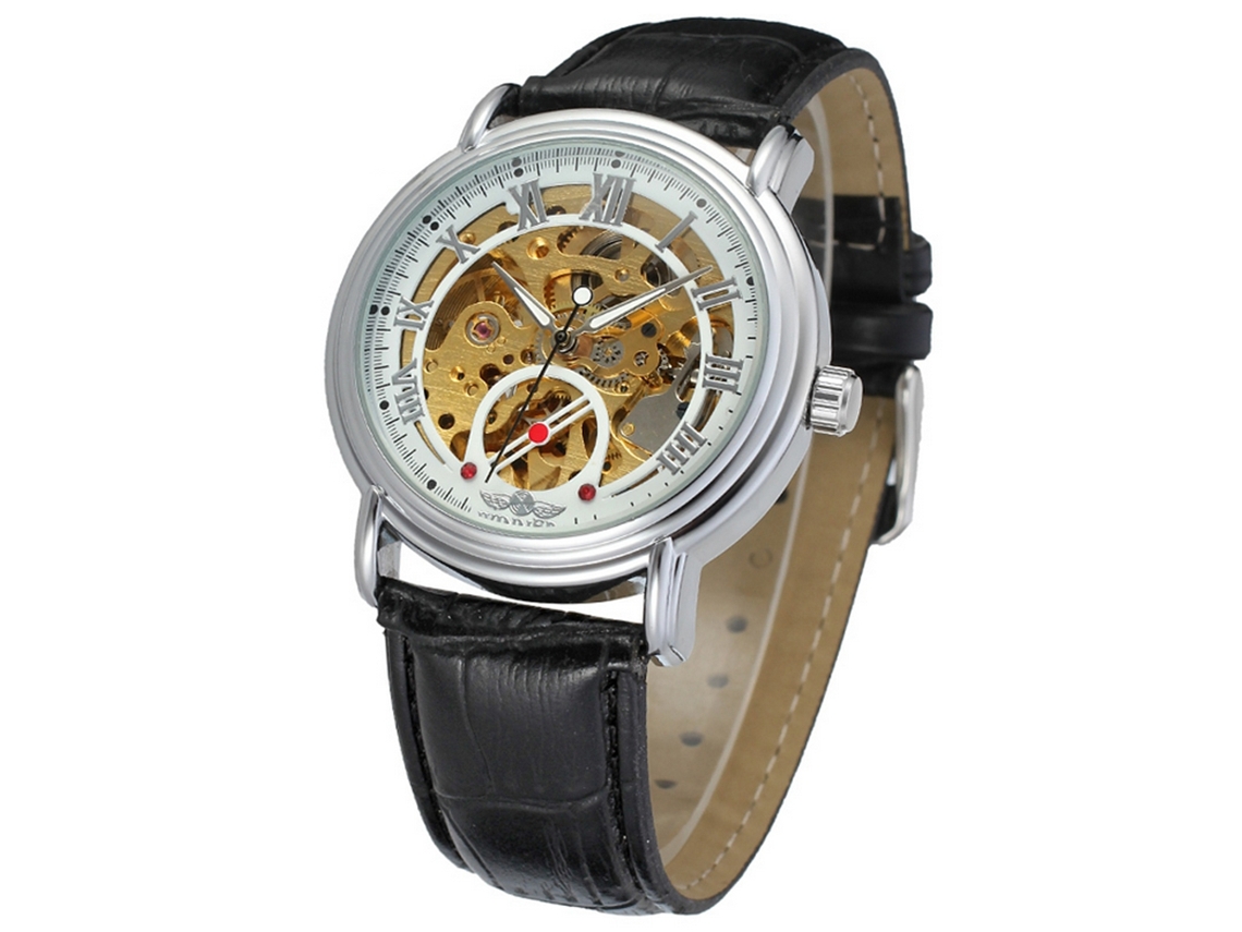 Relógio mecânico automático Winner com pulseira transparente de couro PU à prova d'água (branco)