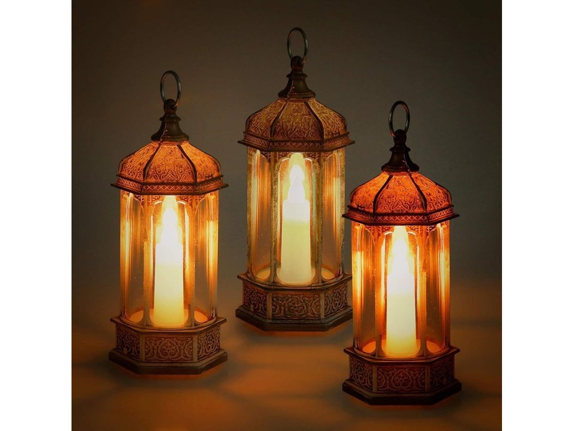 Luminária de Velas Hexagonal, com Luzes, conjunto de 3 lanternas decorativas, 15,5cm | S/MARCA