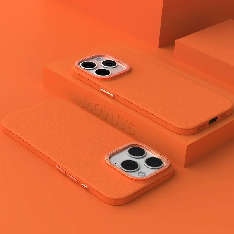 (iphone 16 Laranja) Capa De Metal Para Câmera, Textura De Couro, Silicone Fosco À Prova De Choque.