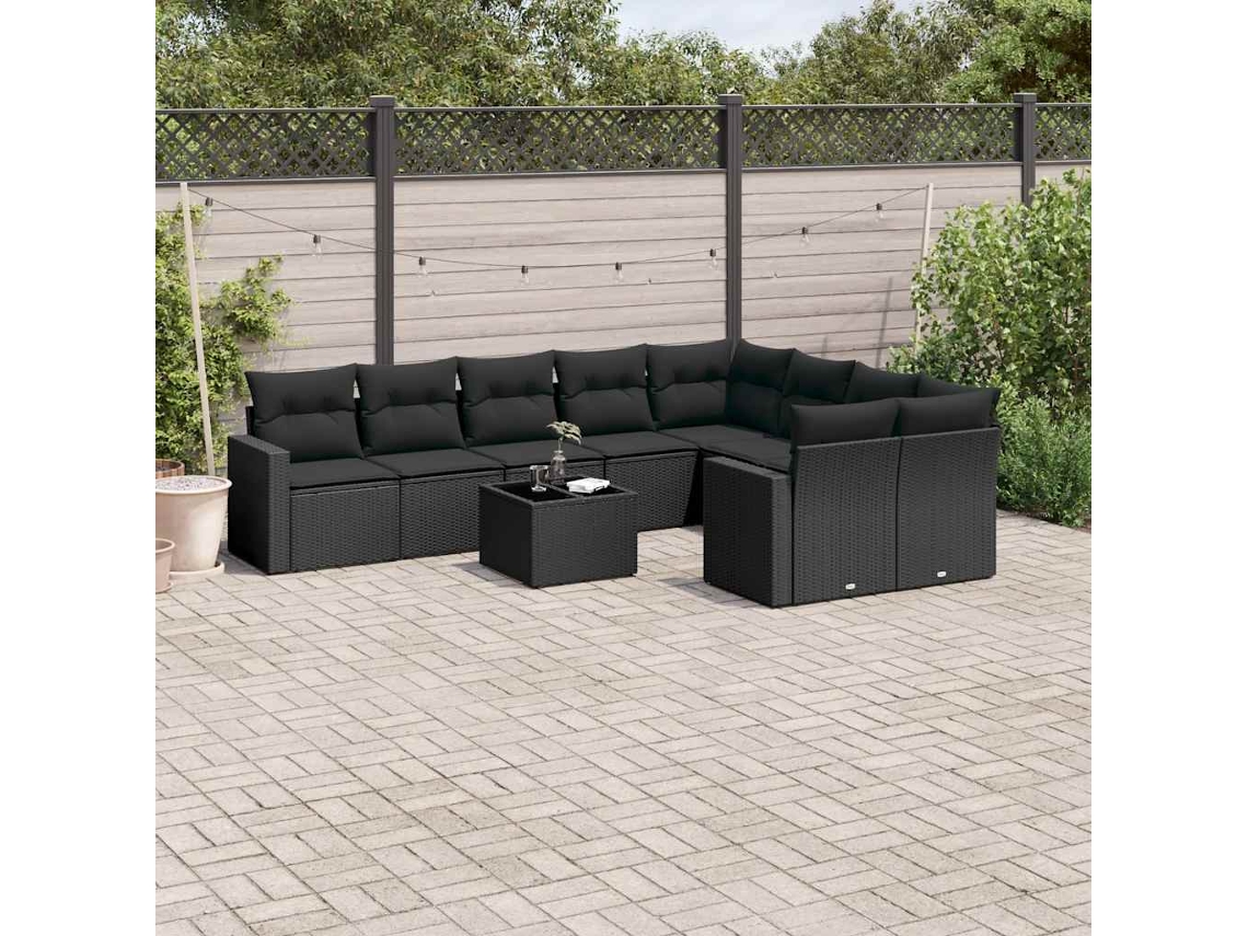 Vidaxl 10 Pcs Conjunto Sofás De Jardim C/ Almofadões Vime Pe Preto