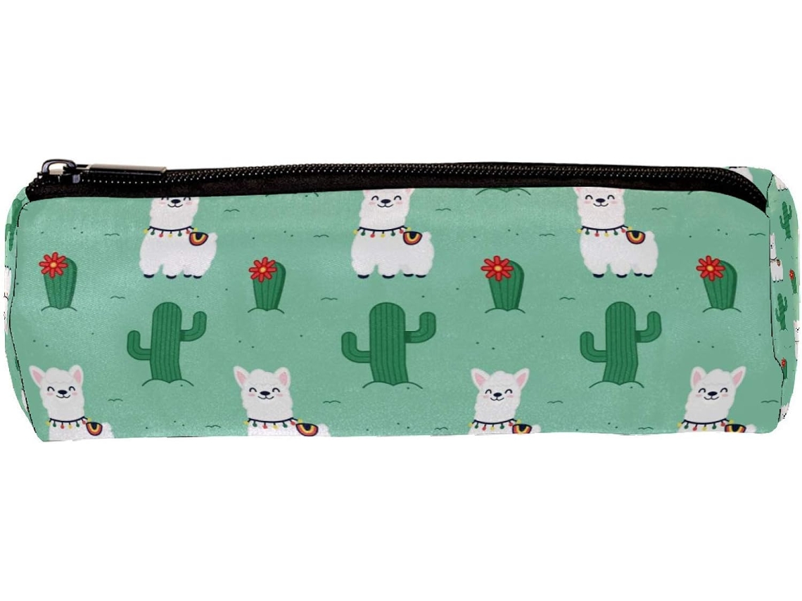 Porta-lápis com estampa de alpaca e cacto, organizador de mesa, item essencial para escola e escrivaninha.