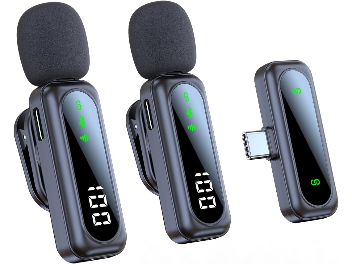 Pacote Com 2 Microfones De Lapela Sem Fio - Display Led, Cancelamento De Ruído, Omnidirecional, Para Podcasts (preto)