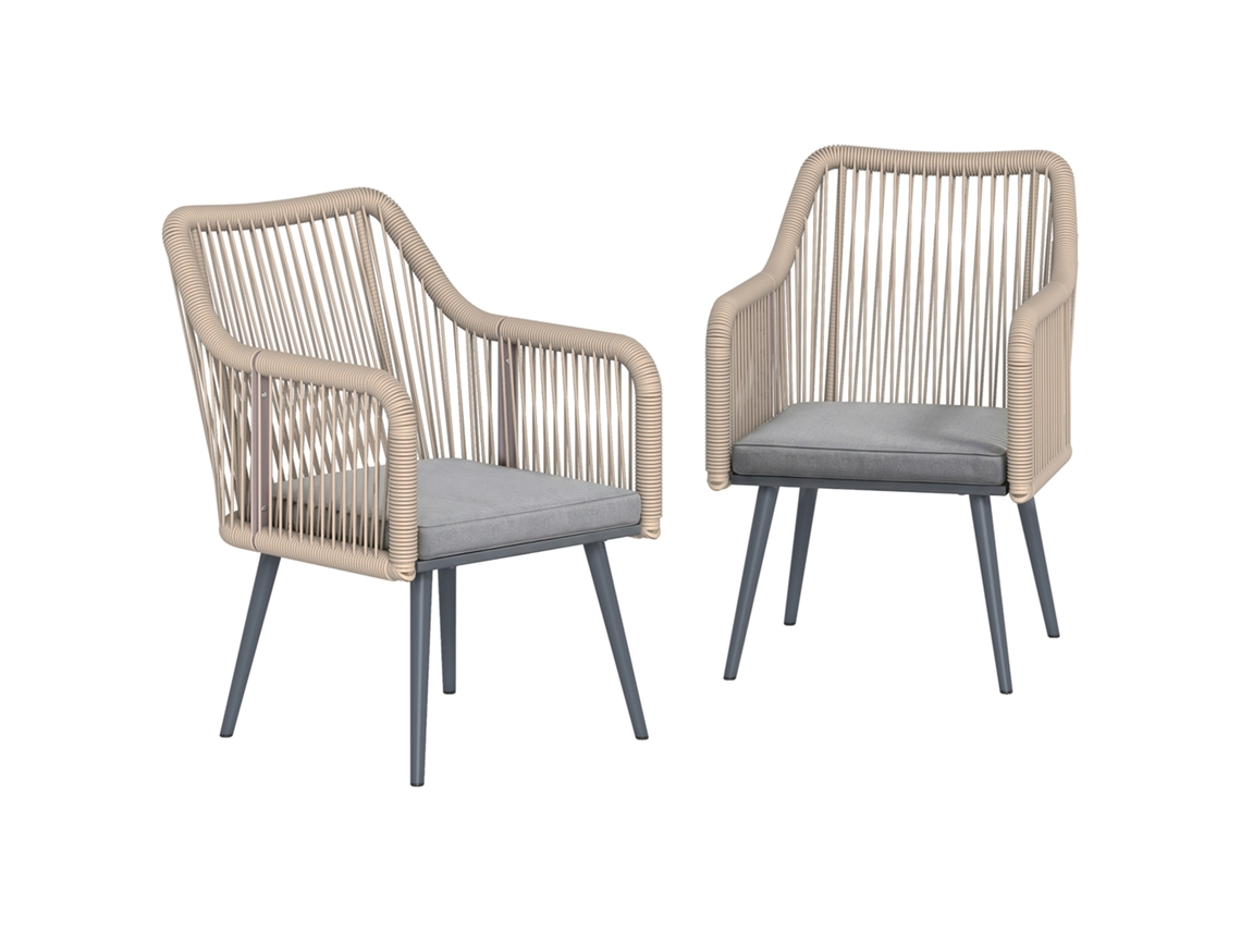 2 Cadeiras Jardim Claro, Braços, Almofada, Metal, 120kg. Cinza